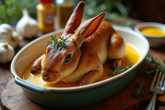 Rôti de lapin doré avec sauce à la moutarde dans un plat en céramique