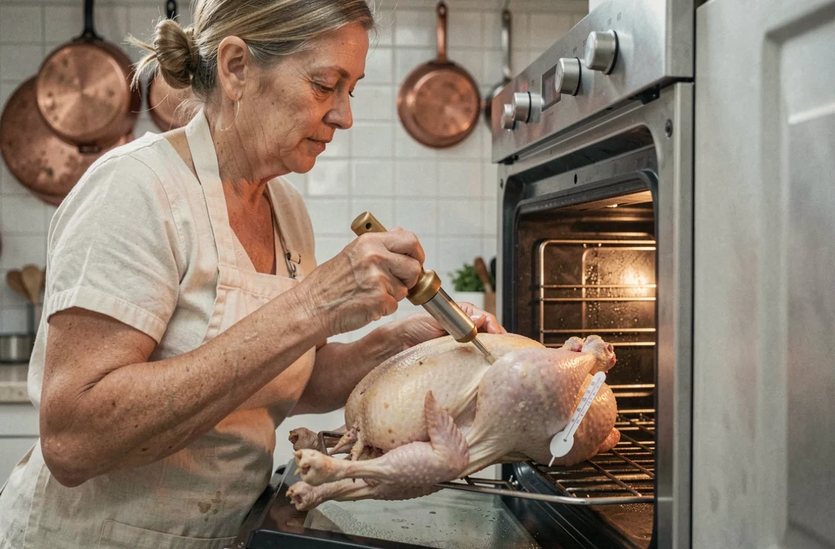 Femme arrosant un chapon dans le four avec un thermomètre à viande inséré dans la cuisse