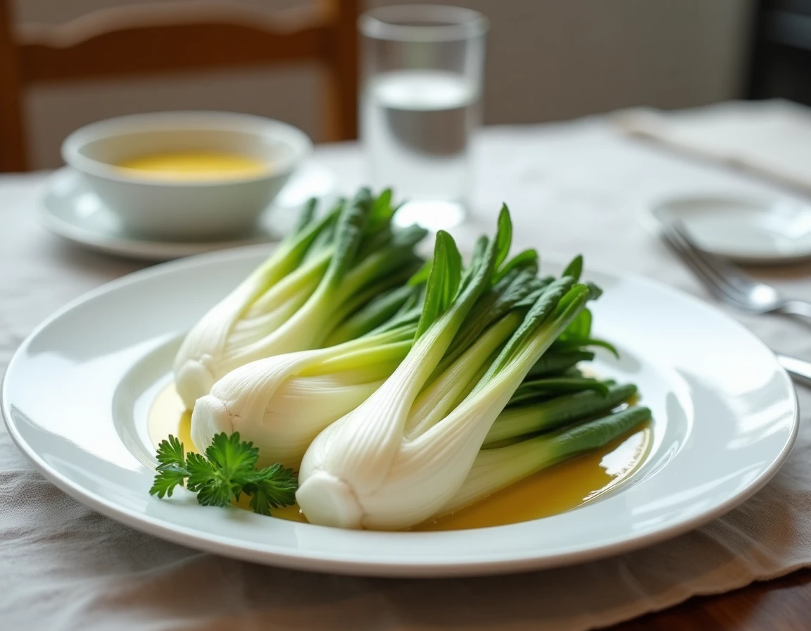 Assiette d'endives cuites à la vapeur présentées en éventail avec vinaigrette et persil sur une nappe en lin