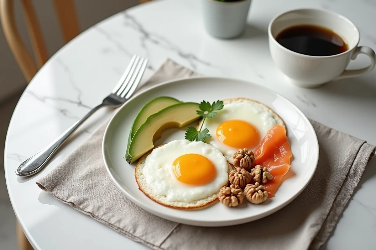 Assiette petit-déjeuner protéiné avec œufs au plat, avocat et saumon fumé sur table en marbre, idéale pour maigrir sans perdre de muscle