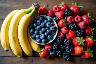 Assortiment de fruits bio sur table en lumière naturelle