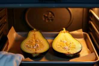 Aubergines coupées en deux et huilées sur une plaque de cuisson dans un four domestique, prêtes à rôtir