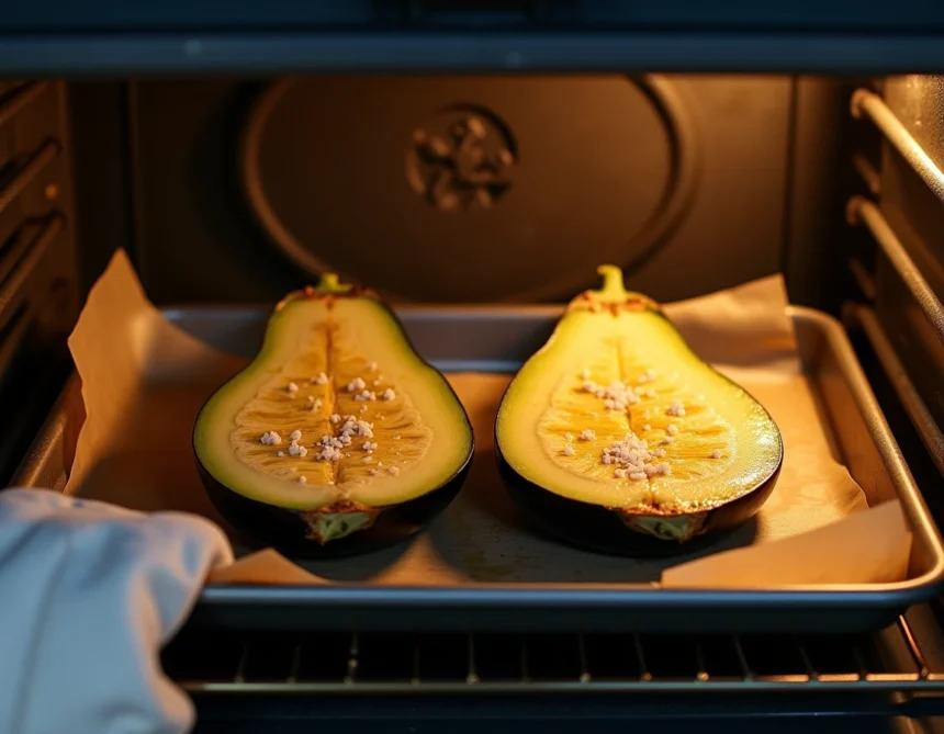 Aubergines coupées en deux et huilées sur une plaque de cuisson dans un four domestique, prêtes à rôtir