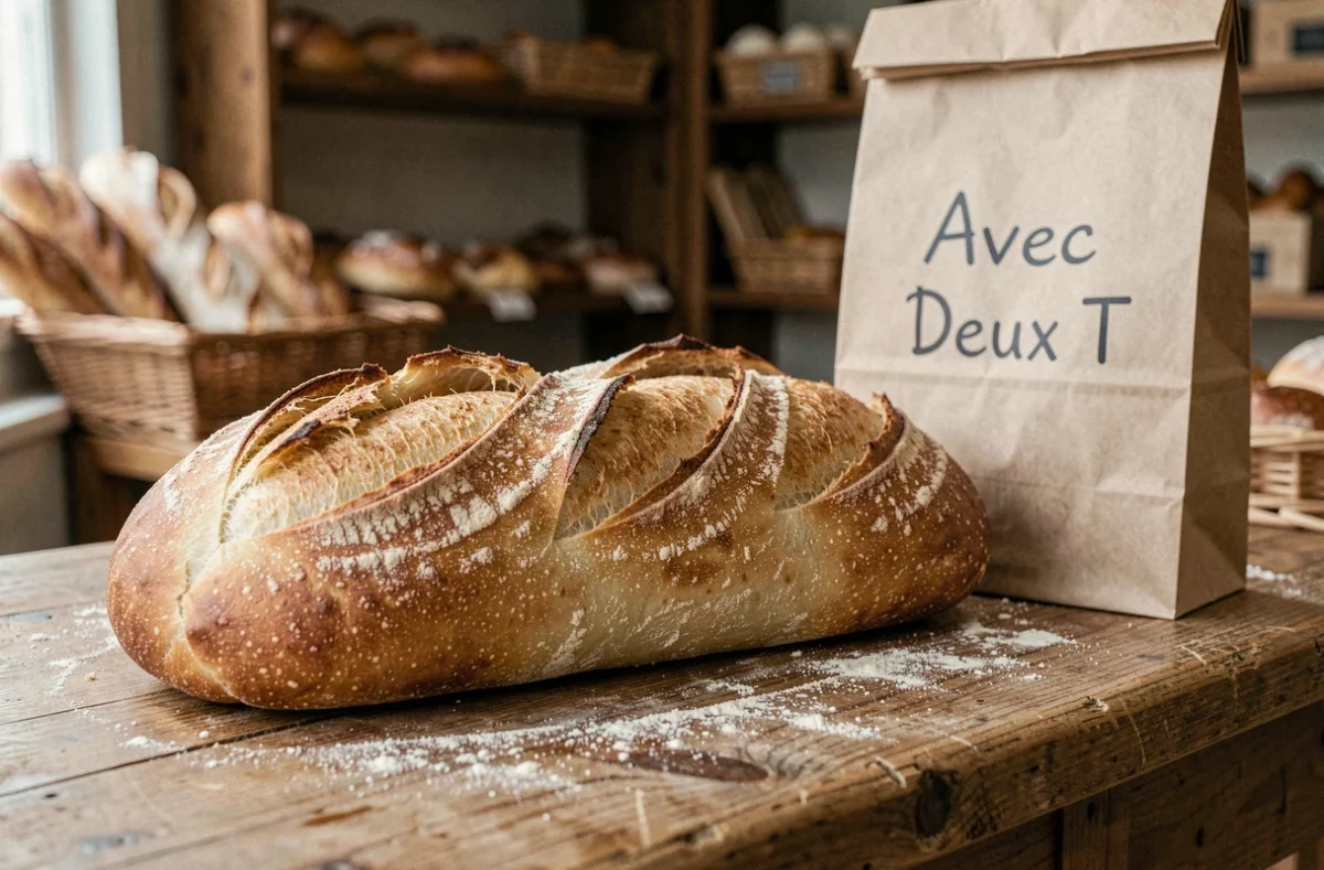 Baguette artisanale dorée de la boulangerie Avec Deux T posée sur un comptoir en bois rustique