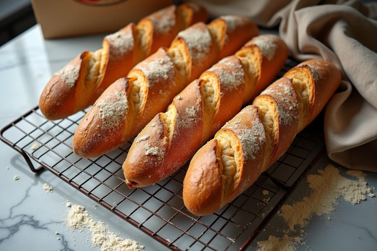 Baguettes dorées fraîchement cuites sur grille de refroidissement dans une boulangerie artisanale française