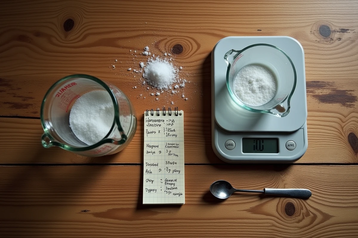 Vue de dessus d'un verre doseur, d'une balance de cuisine numérique en grammes et d'un carnet de conversions manuscrites sur une table en bois patiné