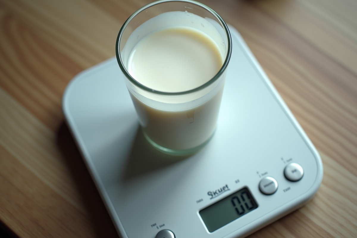 Balance de cuisine avec bol de lait en vue de dessus