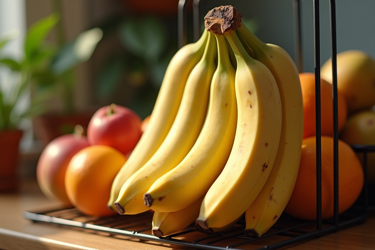 Bananes mûres suspendues avec autres fruits sur table en bois