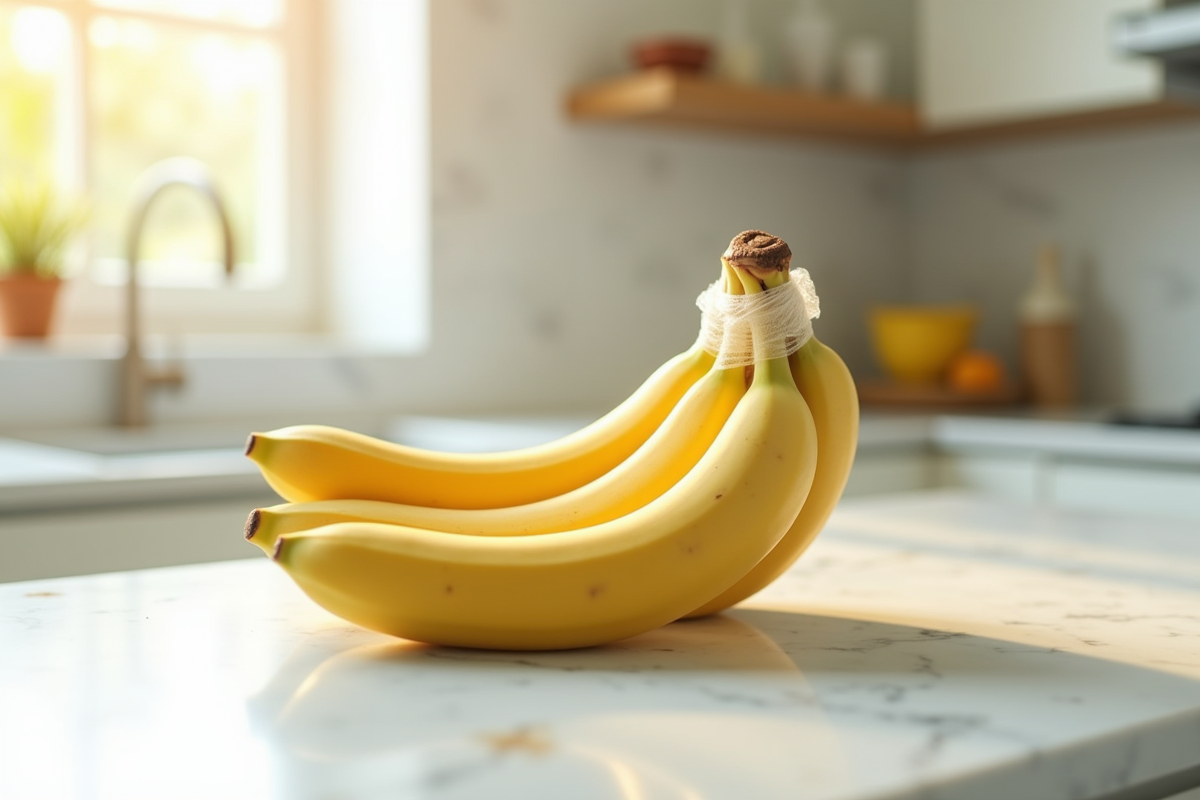 Bananes fraîches emballées sur plan de travail blanc