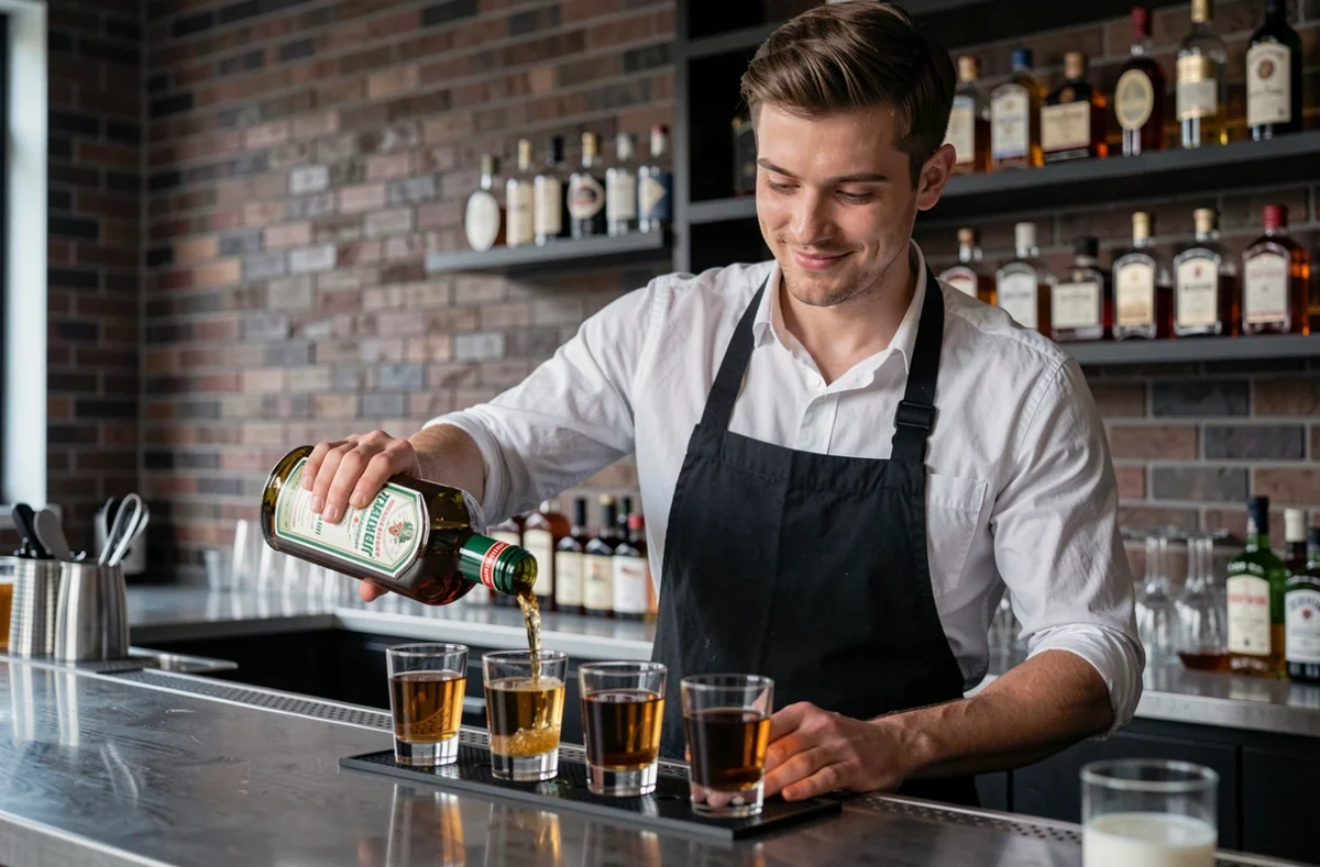 Barman versant du Jägermeister dans des verres à shot alignés sur le comptoir d'un bar moderne