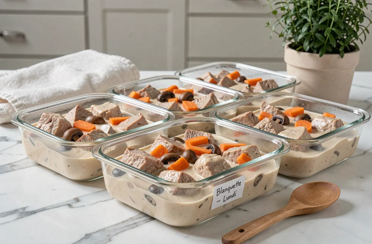 Portions de blanquette de veau conservées dans des boîtes en verre étiquetées pour le batch cooking de la semaine sur un plan de travail en marbre