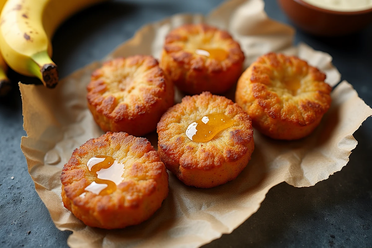 Beignets de banane dorés et croustillants sur papier parchemin avec bananes fraîches et bol de pâte, vue de dessus