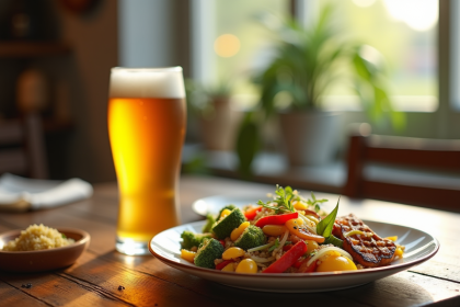 Verre de bière IPA fraîche sur une table en bois avec repas végétarien