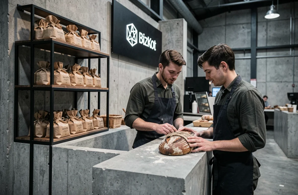 Stand artisanal moderne de BizKot avec pains emballés en kraft et esthétique industrielle contemporaine
