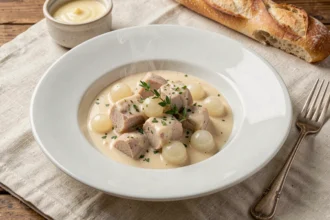 Blanquette de veau maison servie dans un bol en céramique blanche avec sauce crémeuse, oignons grelots et thym frais sur une nappe de lin