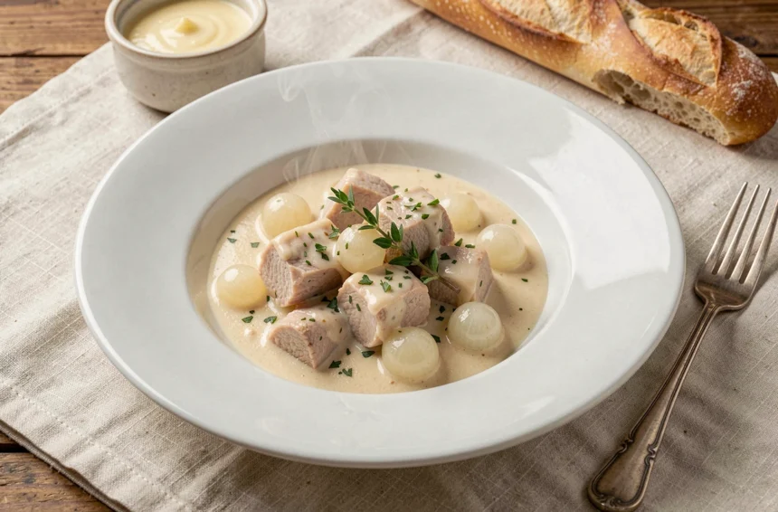 Blanquette de veau maison servie dans un bol en céramique blanche avec sauce crémeuse, oignons grelots et thym frais sur une nappe de lin