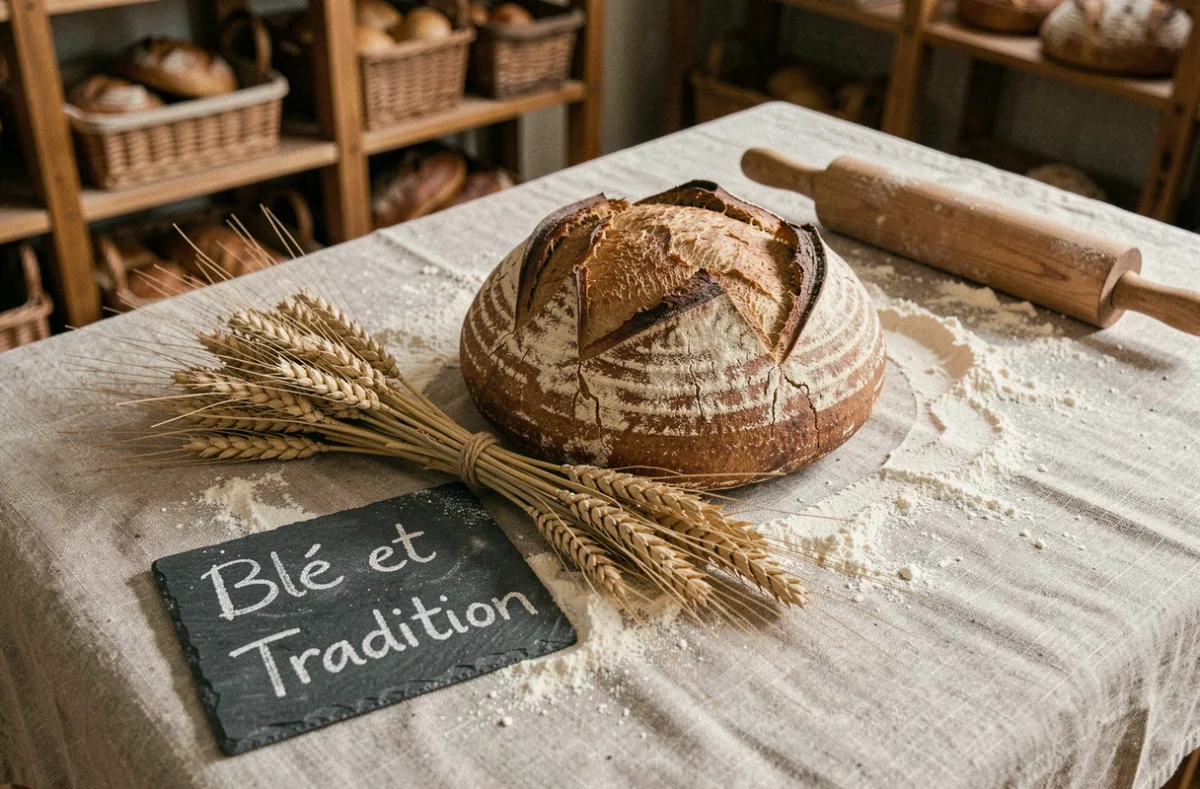 Miche de pain artisanal et épis de blé dorés évoquant le savoir-faire de la boulangerie Blé et Tradition