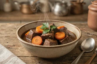 Bol de boeuf carotte mijotés servi dans un bol en céramique rustique avec persil frais sur table en bois