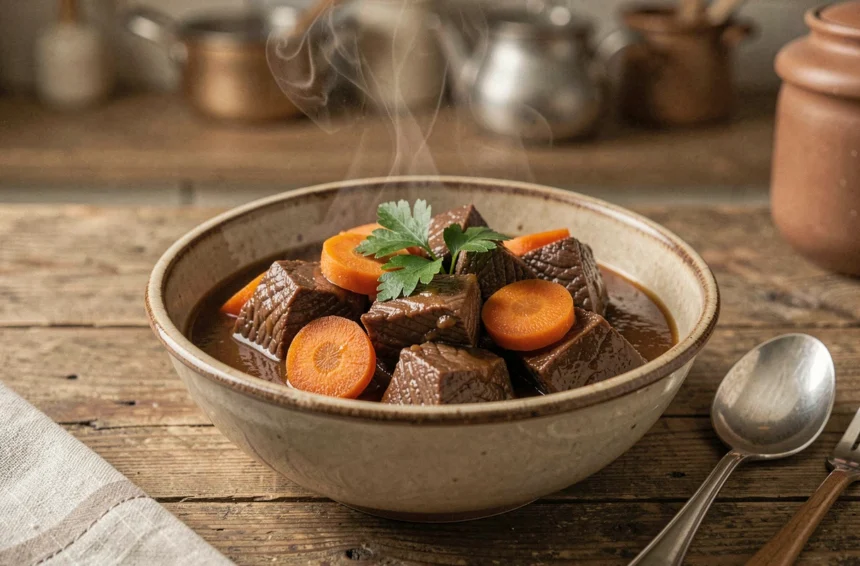 Bol de boeuf carotte mijotés servi dans un bol en céramique rustique avec persil frais sur table en bois