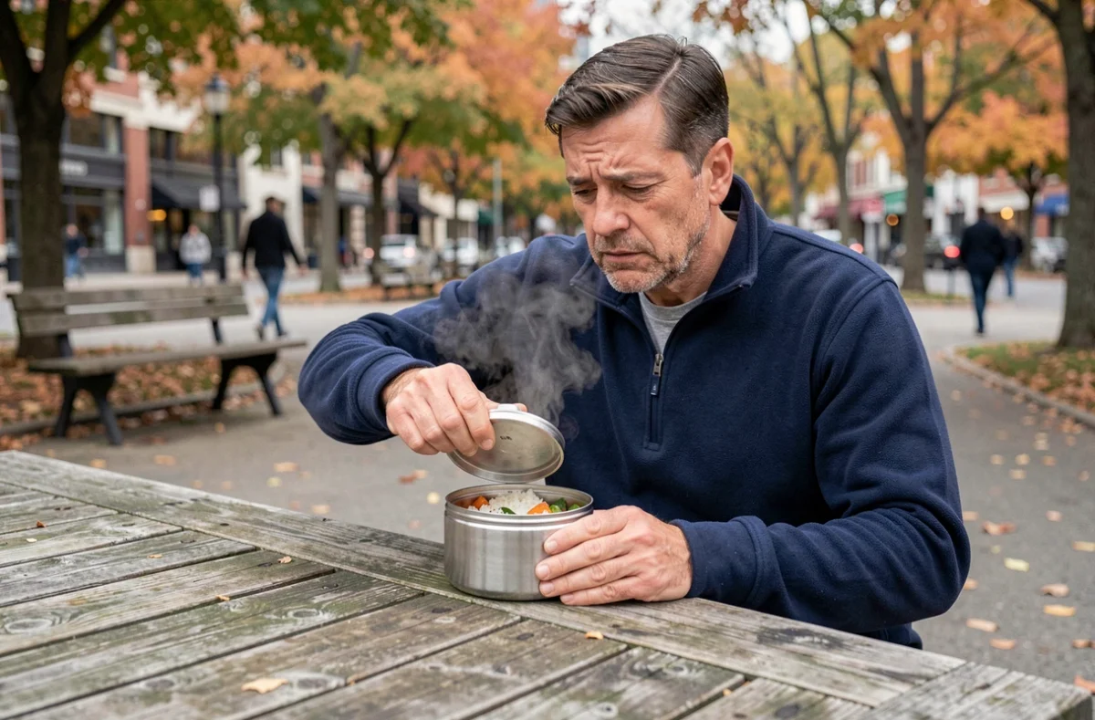 Homme ouvrant une boîte repas isotherme froide dans un parc en ville, illustrant la perte de chaleur d'un repas mal conservé