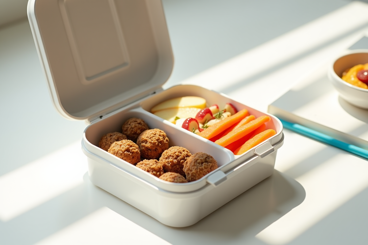 Boîte repas moderne avec encas énergétiques et légumes