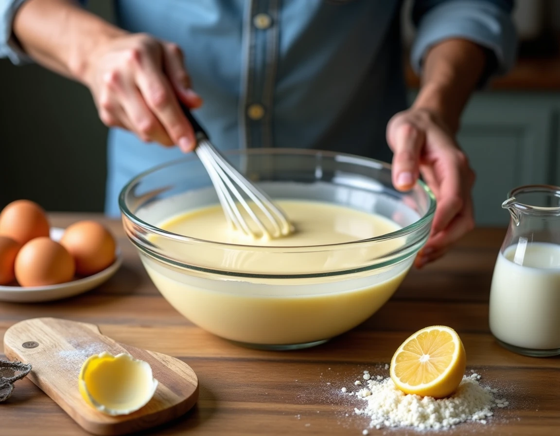 Bol de pâte à crêpes lisse entouré d'ingrédients frais sur une table en bois avec un homme qui fouette en arrière-plan