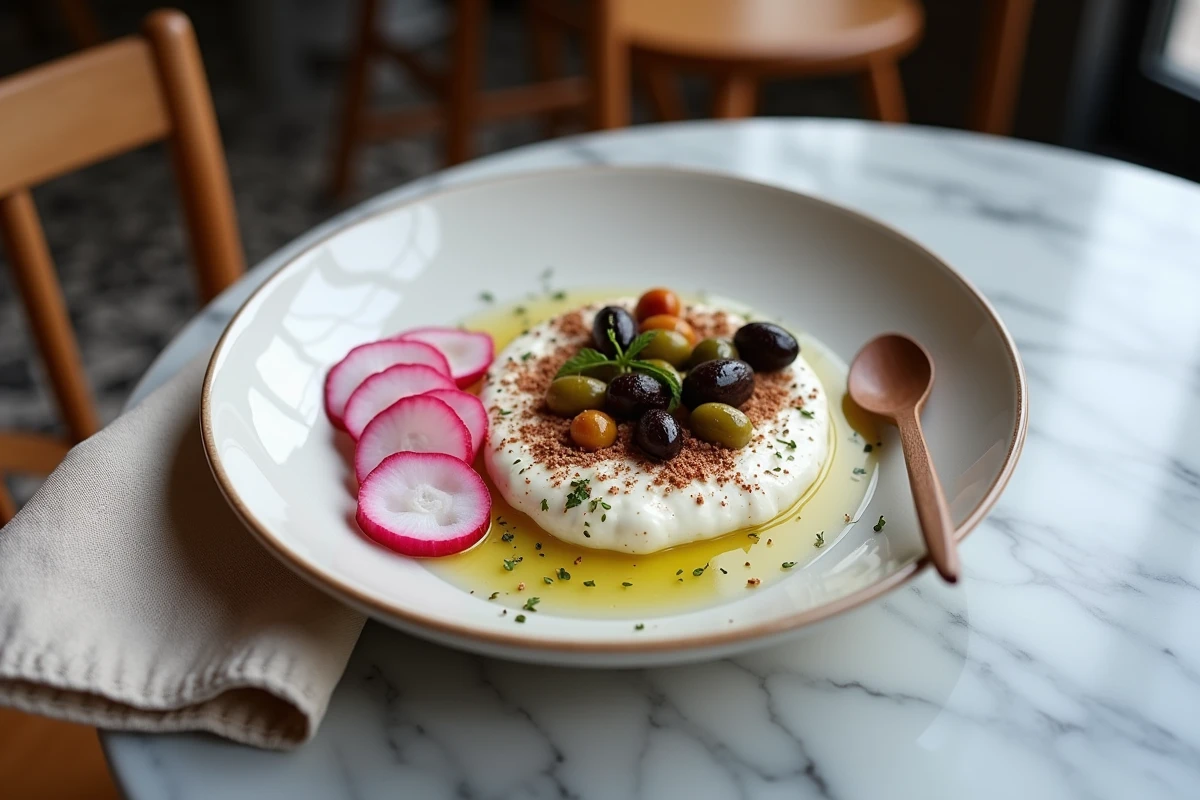 Bol petit déjeuner salé au labneh, zaatar, radis et olives servi dans un café parisien