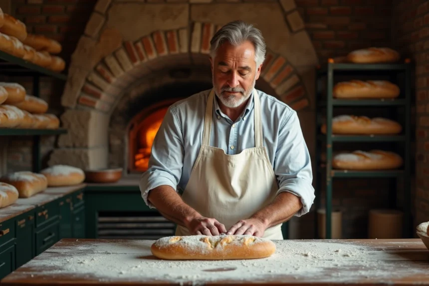 Boulanger façonnant une baguette dans un fournil traditionnel avec four à pierre en arrière-plan