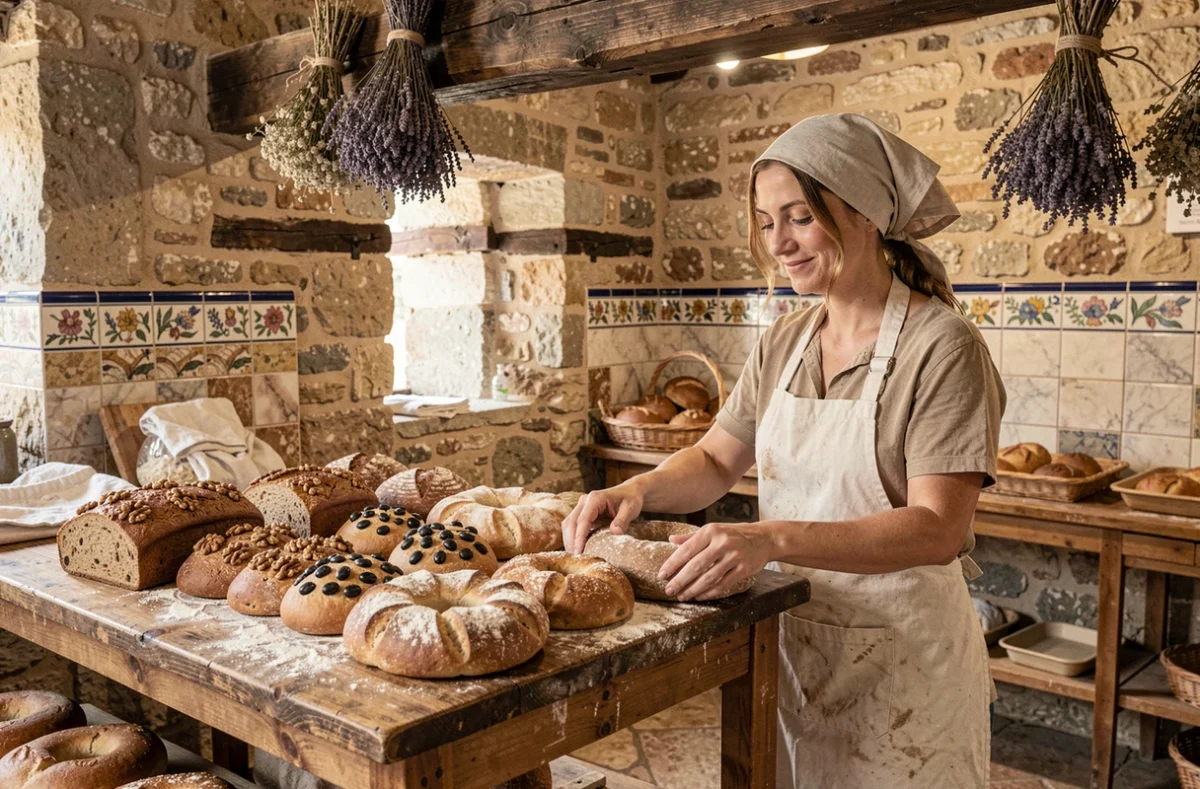 Boulangerie Au Pétrin Moissagais à Moissac avec une boulangère arrangeant fougasse aux olives, pains aux noix et couronnes sur un présentoir en bois