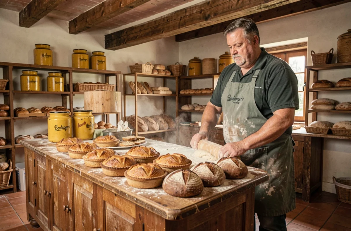 Boulangerie Castaing dans les Landes avec tourtes landaises, miques et pains de campagne sur un comptoir en bois, boulanger en arrière-plan