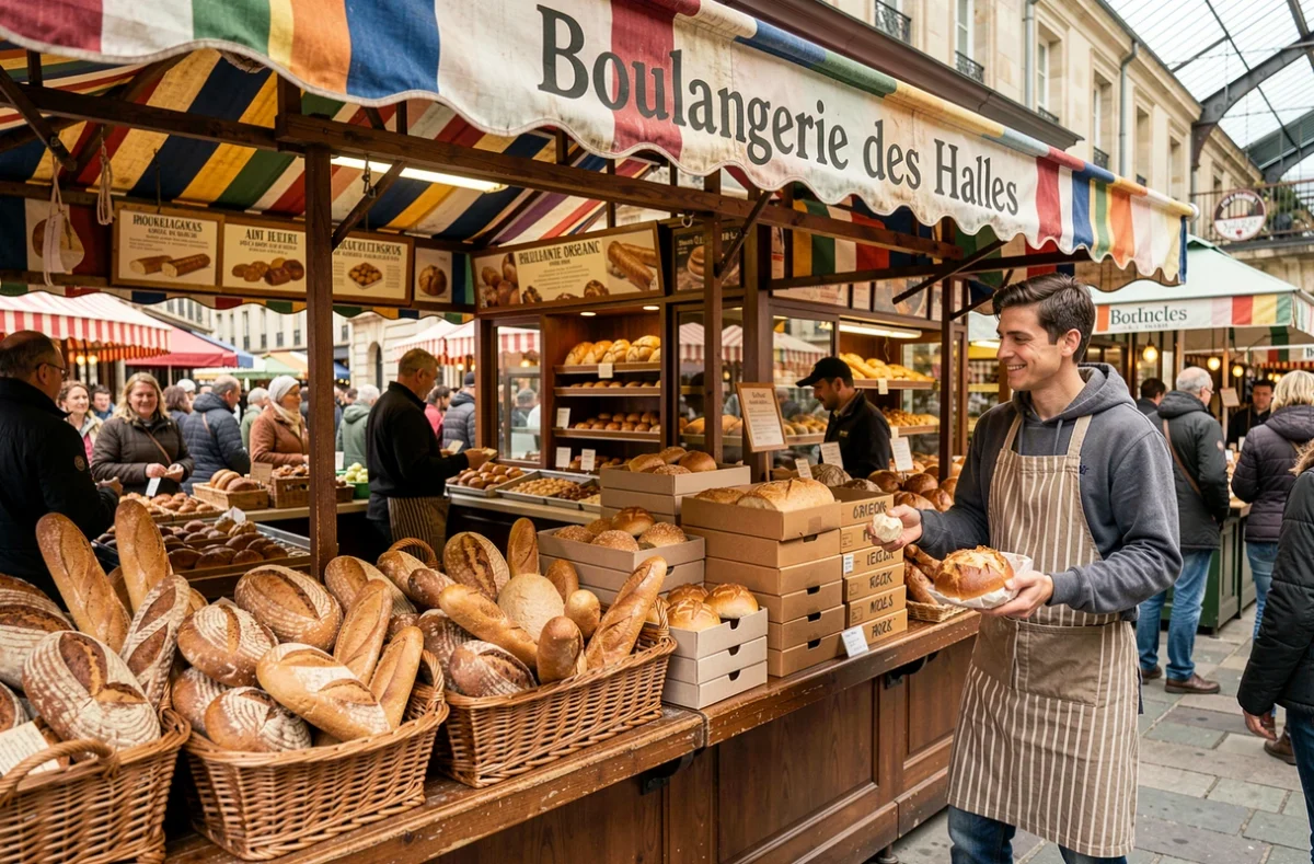 Étal animé de la Boulangerie des Halles dans un marché couvert avec paniers de pain et baguettes