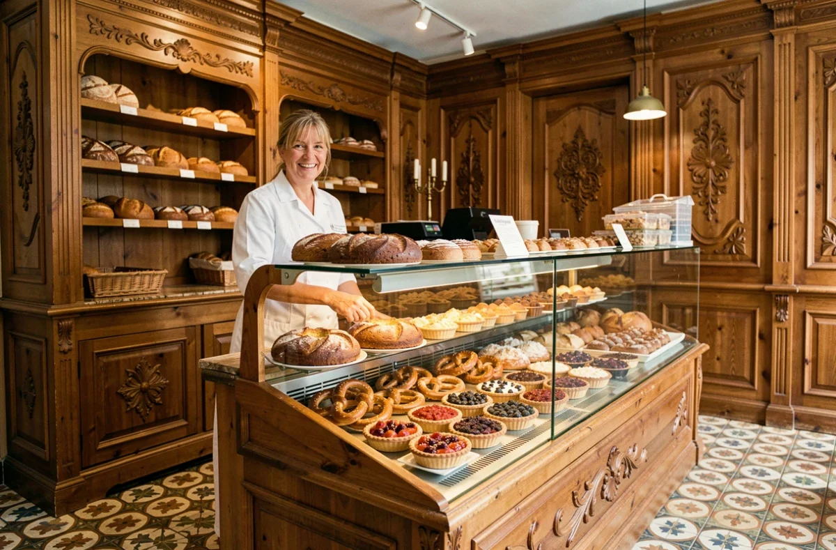 Intérieur de la boulangerie Kitzinger avec spécialités alsaciennes dont kougelhopf et bretzels en vitrine