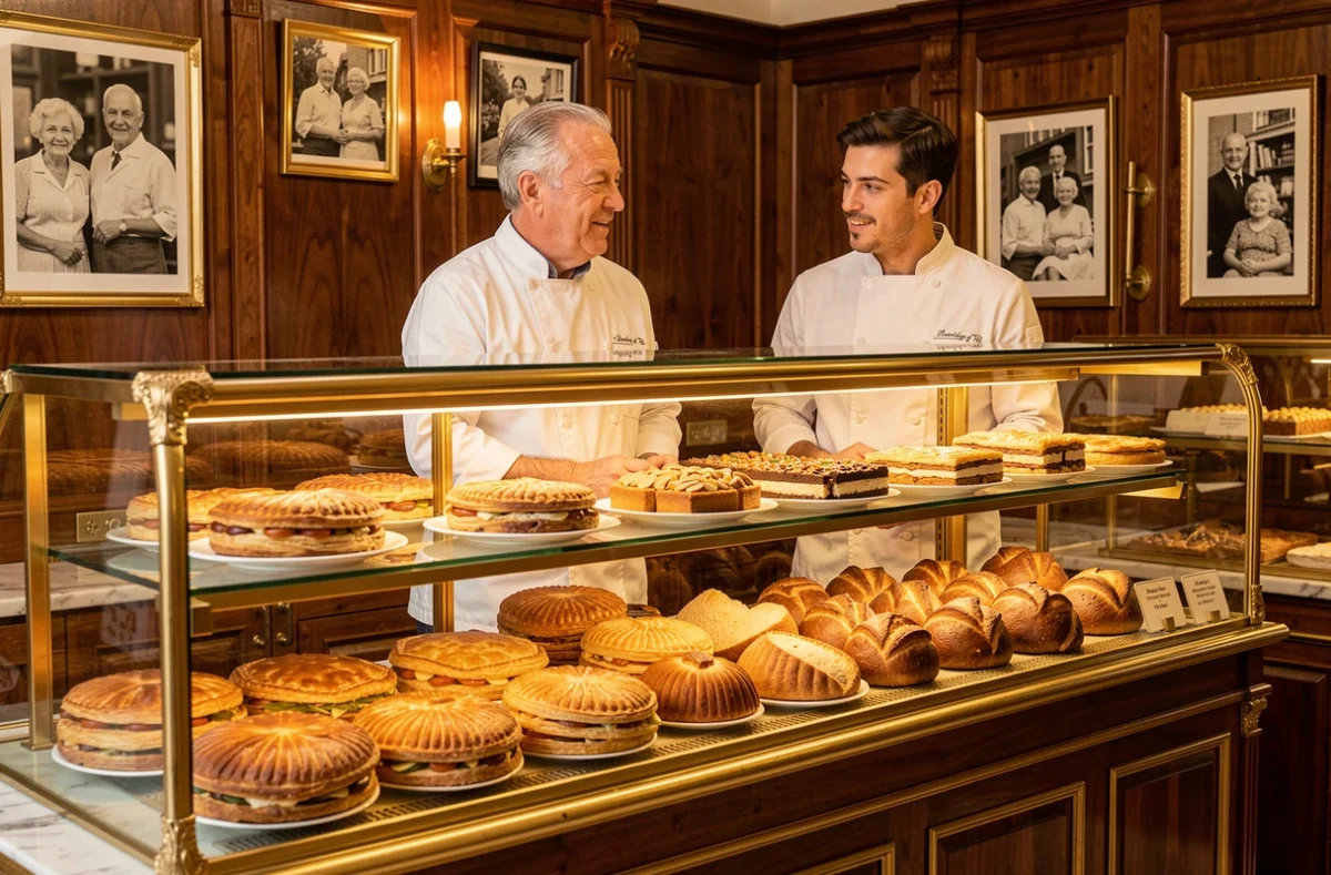 Boulangerie Lartigue et Fils à Agen avec deux boulangers en uniforme blanc devant une vitrine chargée de galettes feuilletées et gâteaux aux amandes