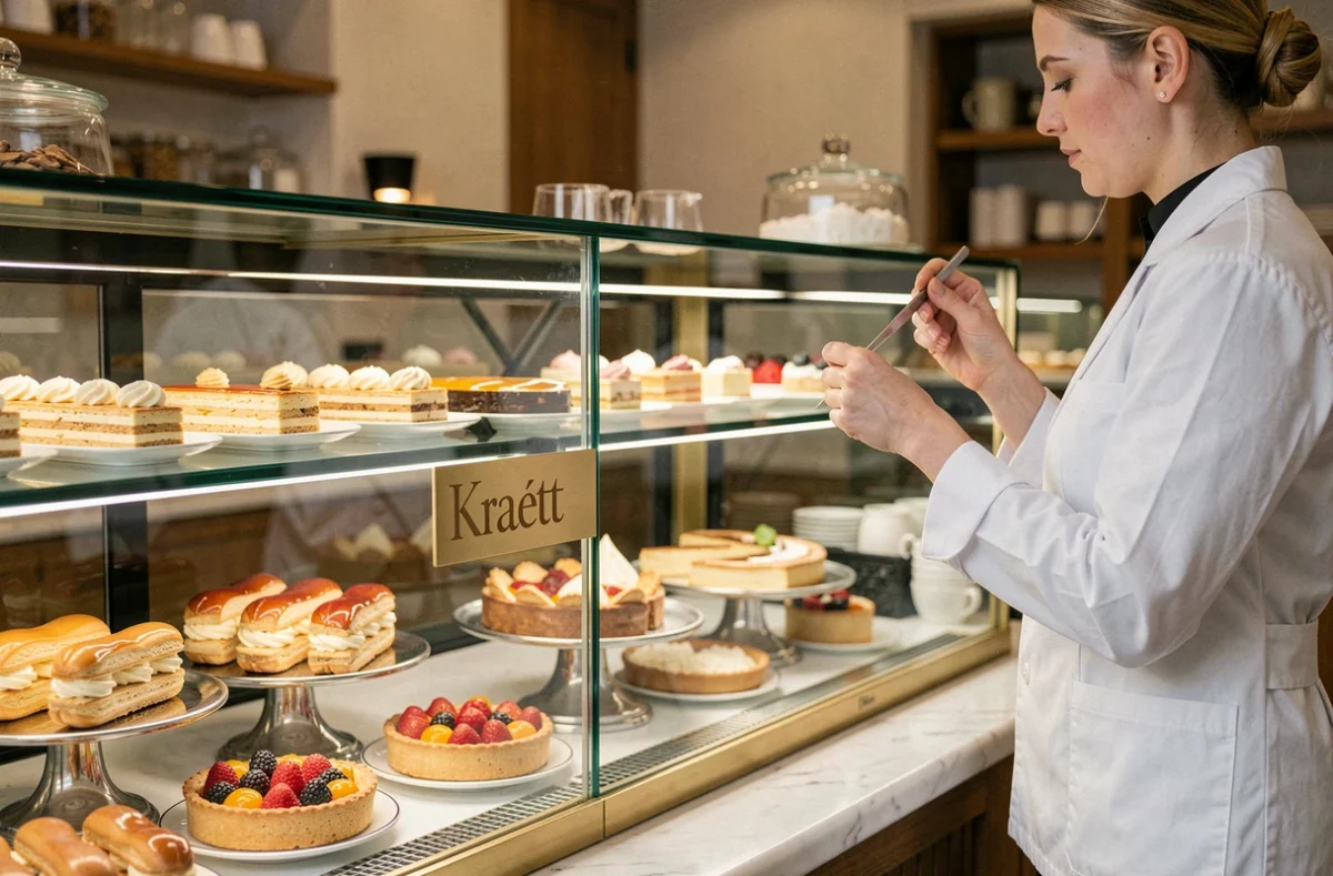 Vitrine raffinée de la Boulangerie Pâtisserie Kraetz avec éclairs, tartes et pâtisseries fines alignées