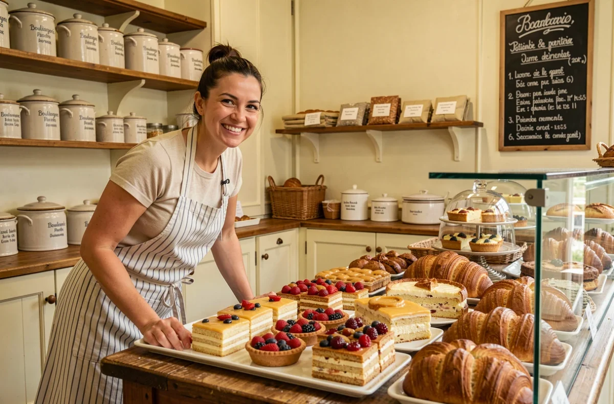 Boulangerie Pâtisserie Martinet avec sa boulangère souriante derrière un comptoir garni de mille-feuilles, tartes aux fruits et brioches