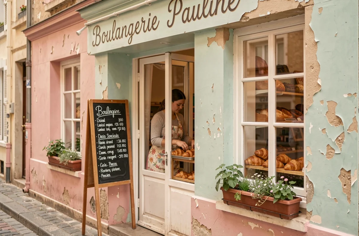 Façade charmante de la Boulangerie Pauline avec tableau ardoise et croissants visibles en devanture