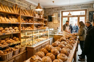 Intérieur d'une boulangerie traditionnelle alsacienne du Grand Est avec pains dorés et viennoiseries