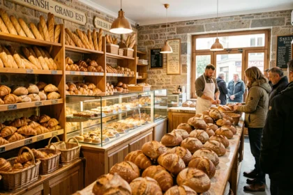 Intérieur d'une boulangerie traditionnelle alsacienne du Grand Est avec pains dorés et viennoiseries
