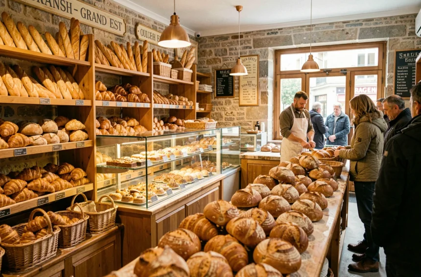 Intérieur d'une boulangerie traditionnelle alsacienne du Grand Est avec pains dorés et viennoiseries