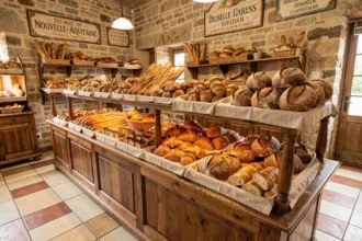 Intérieur d'une boulangerie artisanale de Nouvelle-Aquitaine avec un comptoir en bois chargé de baguettes dorées, croissants et miches rustiques