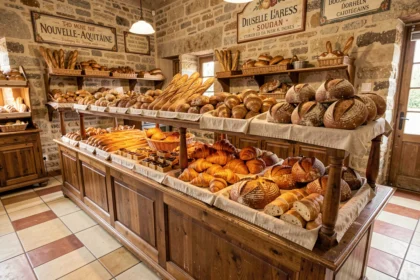 Intérieur d'une boulangerie artisanale de Nouvelle-Aquitaine avec un comptoir en bois chargé de baguettes dorées, croissants et miches rustiques