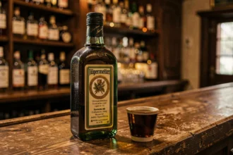 Bouteille de Jägermeister posée sur un comptoir de bar en chêne avec un verre à shot rempli de liqueur ambrée