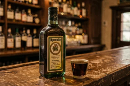 Bouteille de Jägermeister posée sur un comptoir de bar en chêne avec un verre à shot rempli de liqueur ambrée