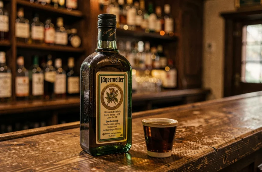 Bouteille de Jägermeister posée sur un comptoir de bar en chêne avec un verre à shot rempli de liqueur ambrée