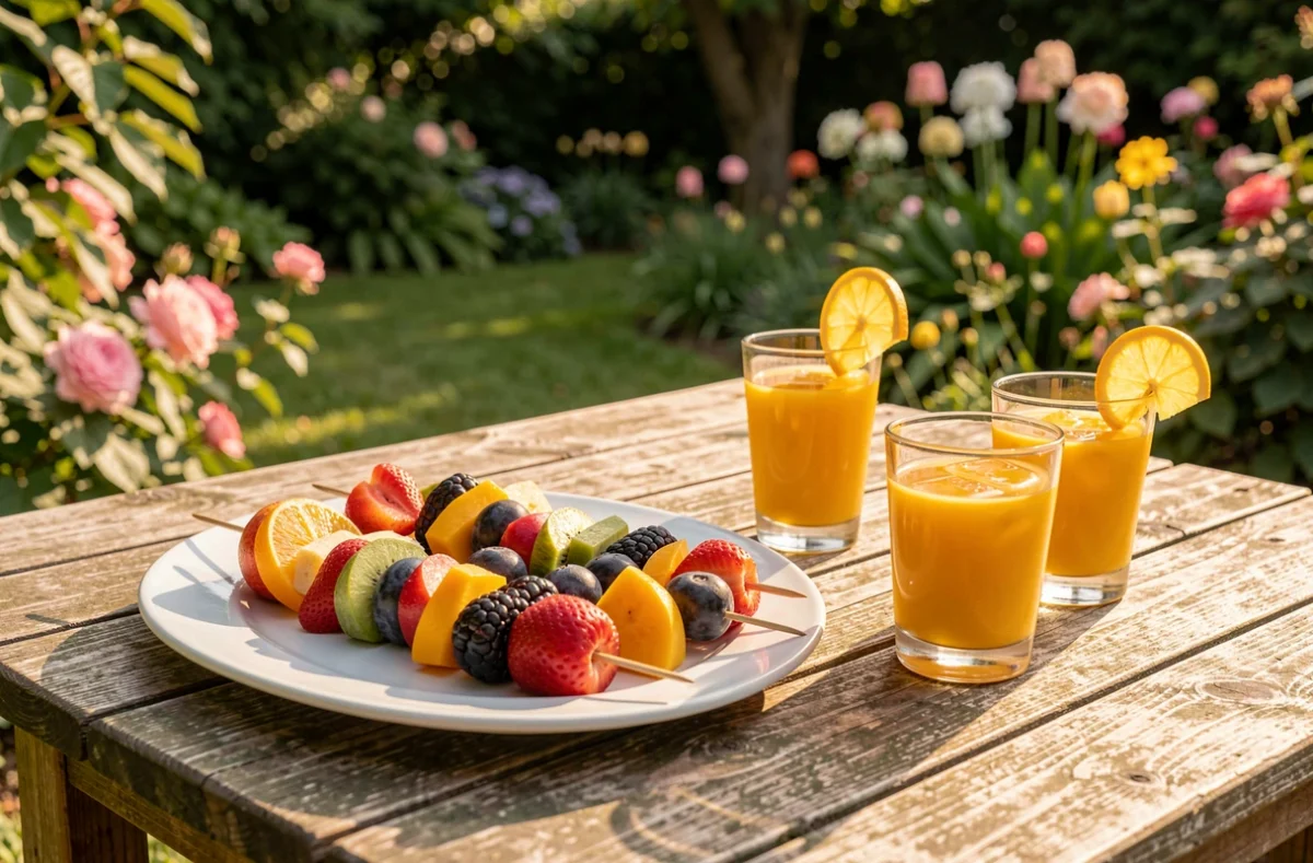 Brochettes de fruits d'été et verrines de mangue sur une table de jardin