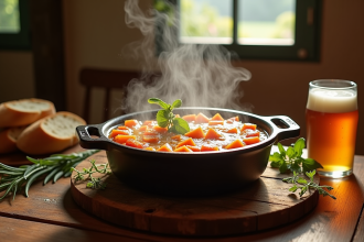 Carbonade flamande traditionnelle dans une cocotte en fonte sur une table en bois