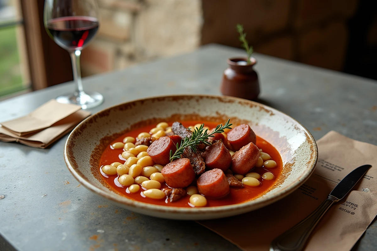 Assiette de cassoulet traditionnel et verre de vin rouge sur une table de restaurant du centre de Carcassonne