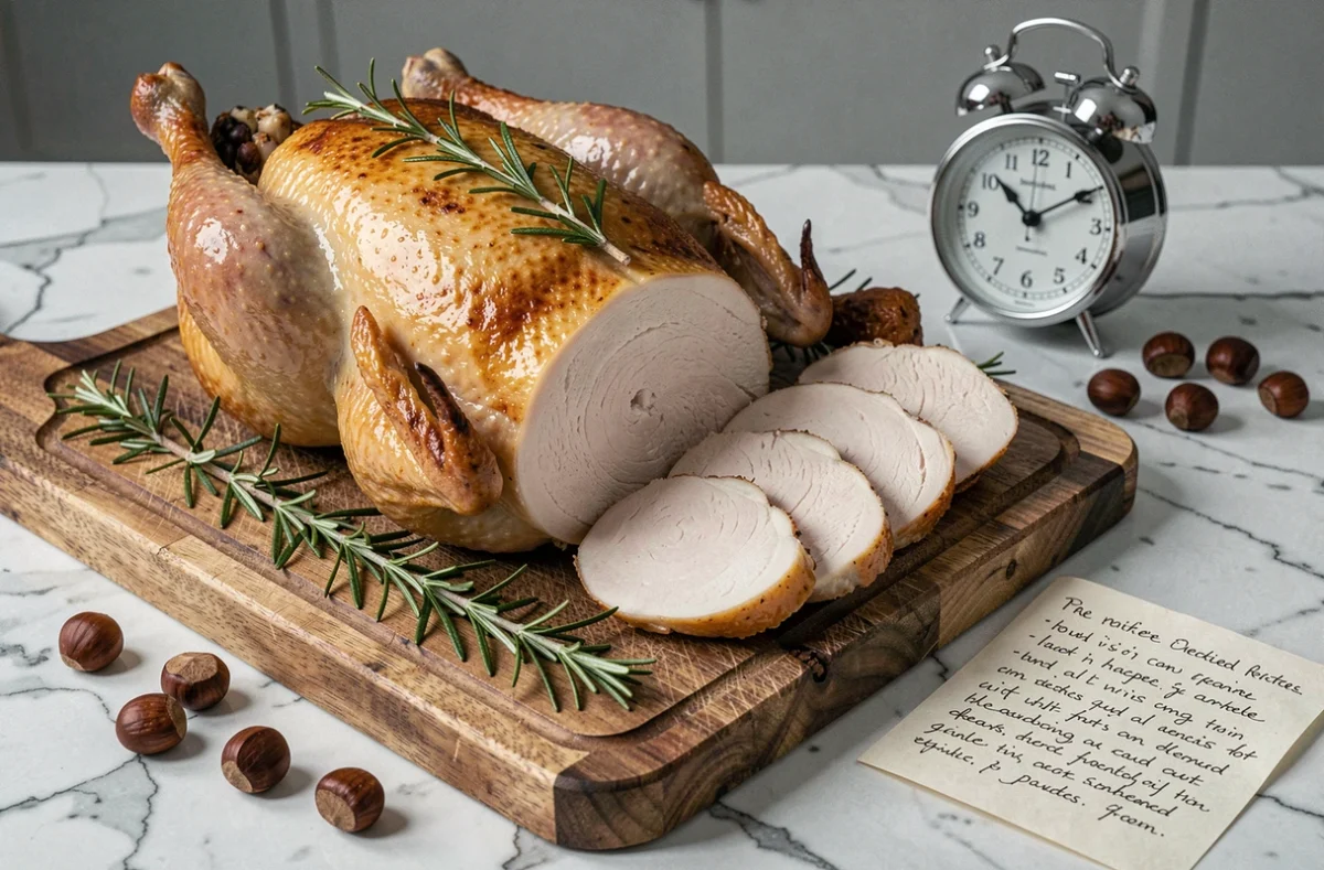 Chapon découpé sur une planche en bois avec châtaignes rôties et fiche de recette pour grande tablée