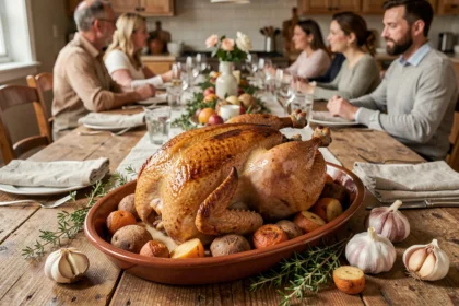 Chapon rôti entier dans un plat en céramique sur une grande table dressée pour les fêtes de famille