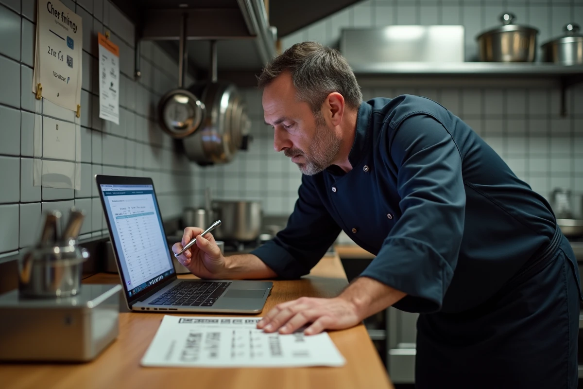 Chef cuisinier consultant un tableau de conversion grammes en centilitres dans une cuisine professionnelle avec un outil en ligne ouvert sur laptop
